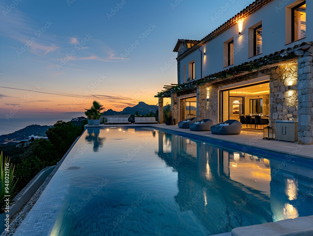 Fototapeta premium Luxurious villa with infinity pool overlooking sunset coast in Mediterranean landscape