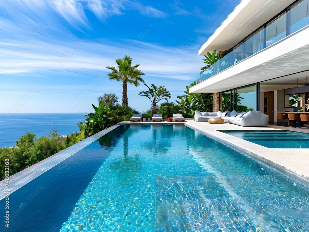 Fototapeta premium Luxurious modern villa with infinity pool overlooking the ocean on a sunny day