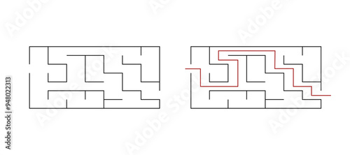 Simple labyrinth maze game vector illustration with solution. Find right way, simple logic game. Puzzle for kids.	