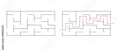 Simple labyrinth maze game vector illustration with solution. Find right way, simple logic game. Puzzle for kids.	
