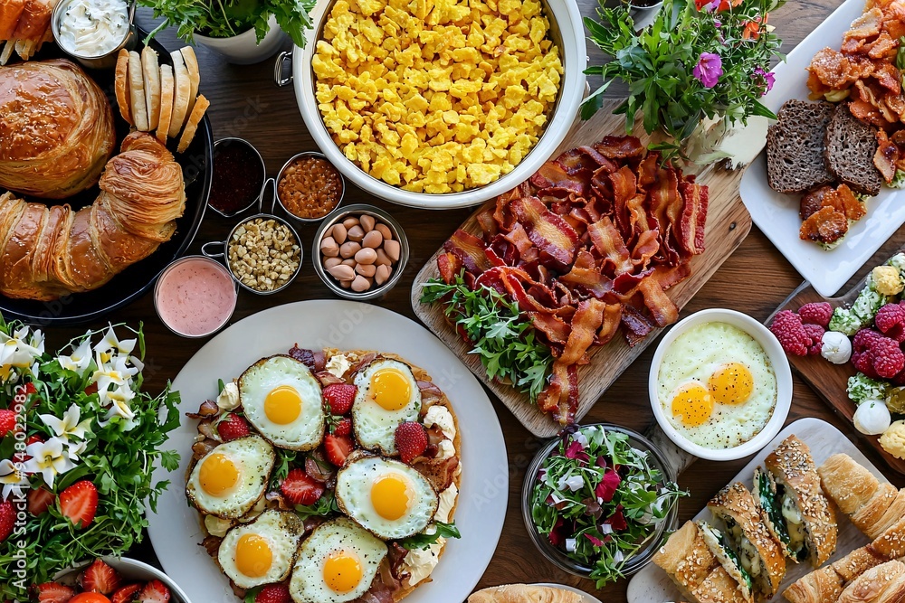 Brunch spread with a variet of dishes pastries. Village Breakfast with pastries, vegetables, greens, spreads, cheeses, fried eggs, jams.
Brunch spread with a variet of dishes pastries. Village Breakfast with pastries, vegetables, greens, spreads, cheeses, fried eggs, jams.
