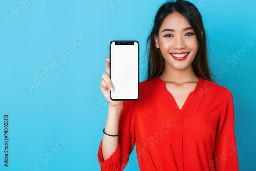 Studio shot of Beautiful Asian woman holding smartphone mockup of blank screen and show credit card on blue background. Studio shot of Beautiful Asian woman holding smartphone mockup of blank screen a