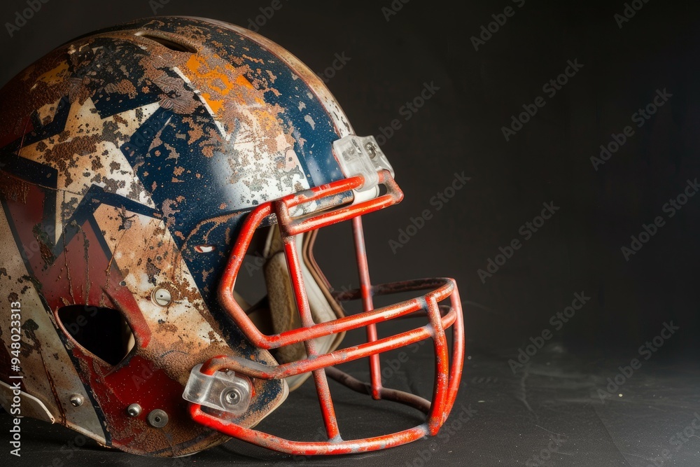 American football helmet showing signs of wear and tear resting on black background American football helmet showing signs of wear and tear resting on black background