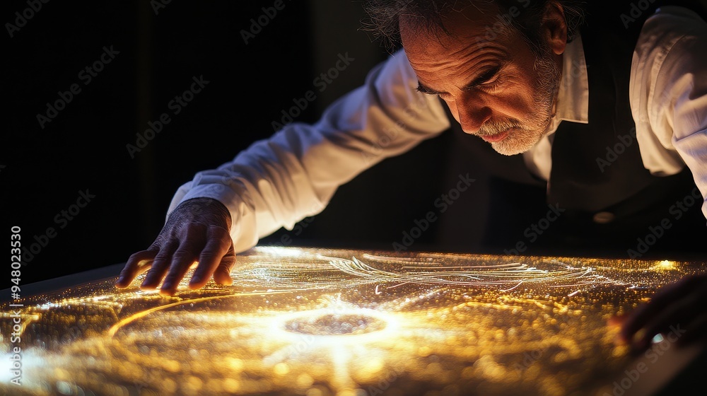 Elderly Man Exploring Illuminated Interactive Display Table in Dark Room Elderly Man Exploring Illuminated Interactive Display Table in Dark Room