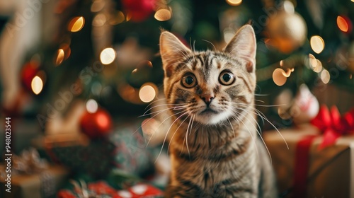 a cat looking up at a christmas tree with lights and baubles
