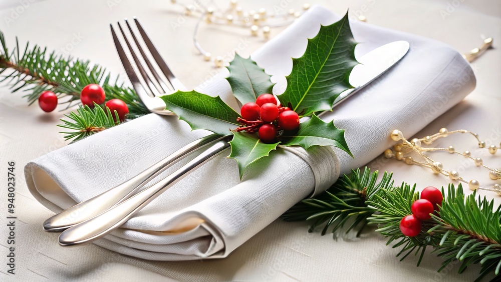 Elegant Christmas dinner setting with silverware, white napkin, and festive holly on a crisp white linen tablecloth, evoking a sense of refined holiday cheer. Elegant Christmas dinner setting with silverware, white napkin, and festive holly on a crisp white linen tablecloth, evoking a sense of refined holiday cheer.