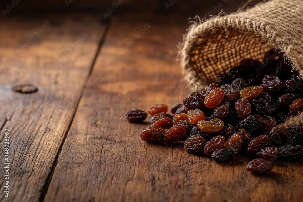 Rustic burlap sack of sun-dried raisins on wooden table Rustic burlap sack of sun-dried raisins on wooden table