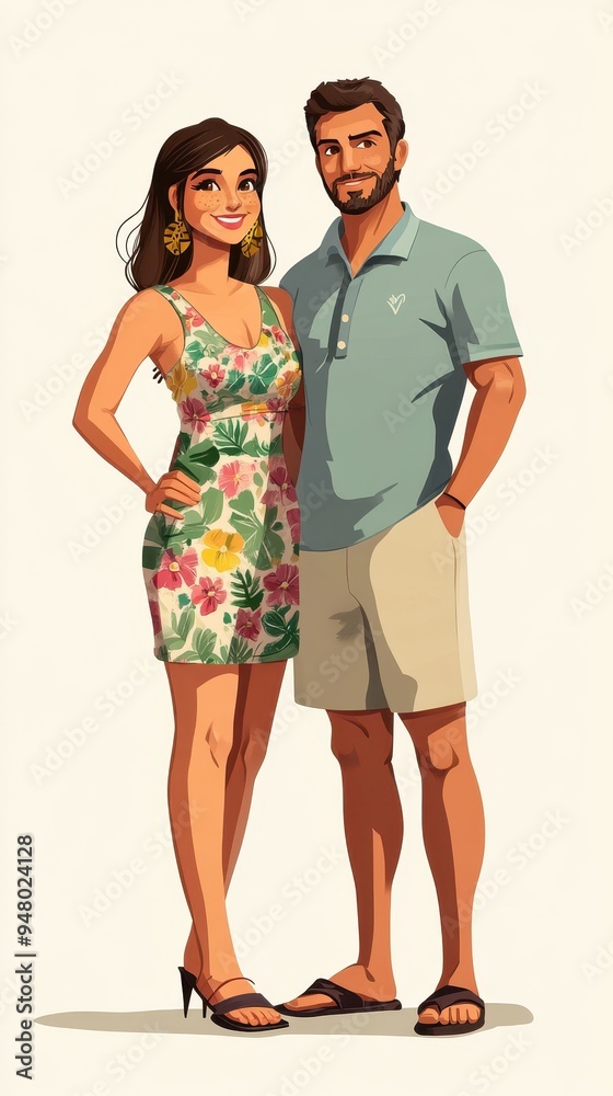 A couple dressed in colorful summer attire smiles happily, capturing the essence of a fun beach vacation filled with warmth and sunshine A couple dressed in colorful summer attire smiles happily, capturing the essence of a fun beach vacation filled with warmth and sunshine