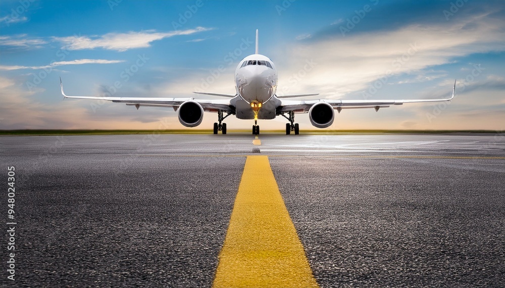 Runway Scene: Airplane Taxiing Along Yellow Guide Line at the Airport Runway Scene: Airplane Taxiing Along Yellow Guide Line at the Airport