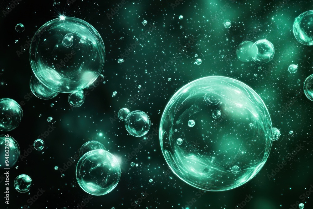 Abstract floating green glowing bubbles with light particles on dark background Generative AI Abstract floating green glowing bubbles with light particles on dark background Generative AI