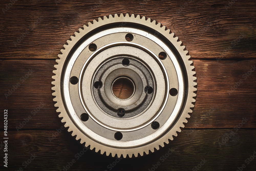New car camshaft gear wheel pulley on the wooden workbench background. Flat lay. New car camshaft gear wheel pulley on the wooden workbench background. Flat lay.
