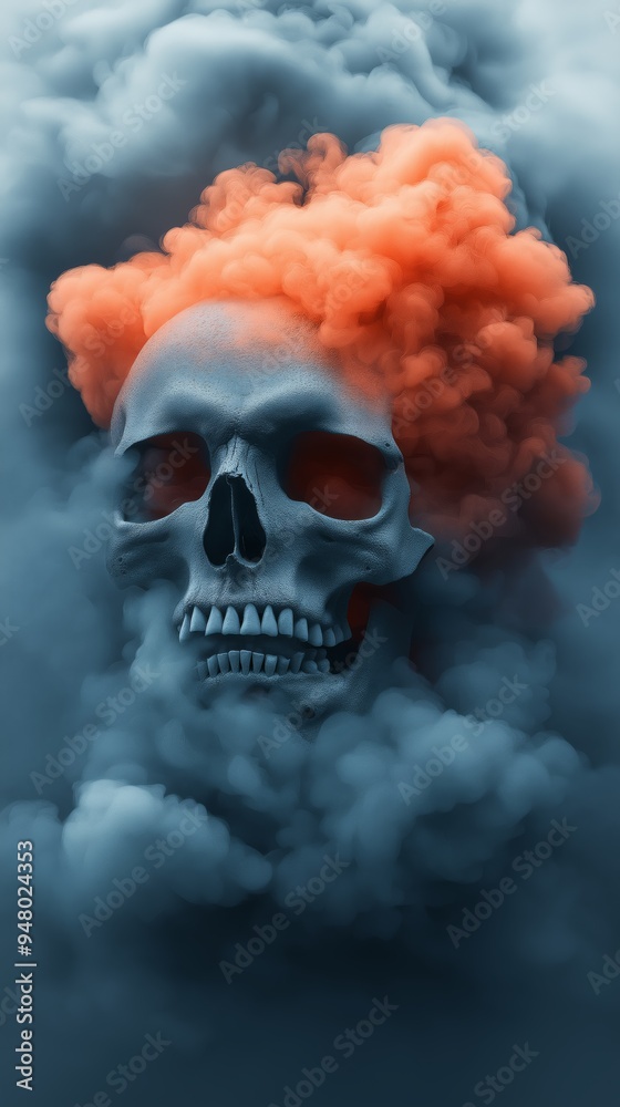 Surreal Skull with Vibrant Orange Smoke in a Dark Misty Environment Surreal Skull with Vibrant Orange Smoke in a Dark Misty Environment