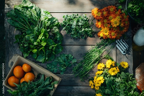 Wallpaper Mural Garden-to-table concept, featuring fresh herbs, vegetables, and edible flowers harvested from a backyard garden Torontodigital.ca