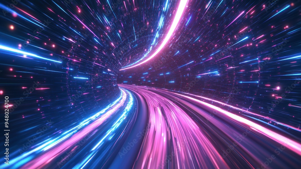 Obraz premium Abstract neon blue and pink light trails in a futuristic tunnel Generative AI