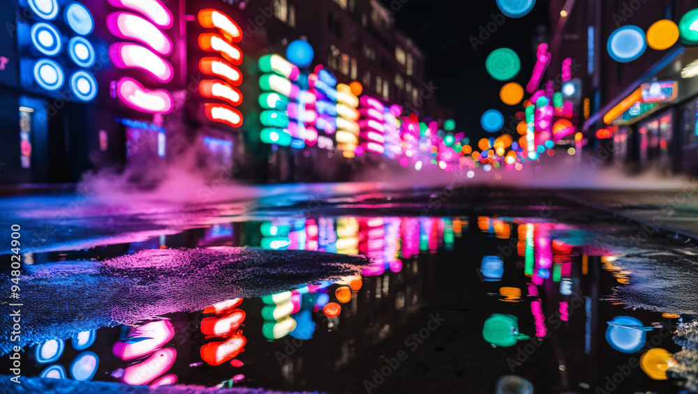 Multi-colored neon lights on a dark city street, reflection of neon light in puddles and water. Abstract night background, blurred bokeh light. Night view colorful Multi-colored neon lights on a dark city street, reflection of neon light in puddles and water. Abstract night background, blurred bokeh light. Night view colorful