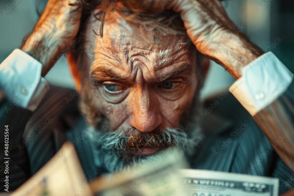 Stressed individual with bills in business attire appearing overwhelmed by finances Stressed individual with bills in business attire appearing overwhelmed by finances