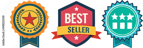 Best seller sticker label with ribbon, red badge and red ribbon with Stars and laurel wreath Decoration vector isolated Premium Quality text product, for book cover label or your product the Best.