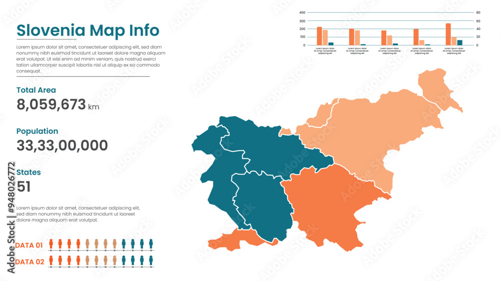 Obraz premium Slovenia political map of administrative divisions states, Colorful states in Slovenia map infographic, Slovenia Map Info, Slovenia Population.