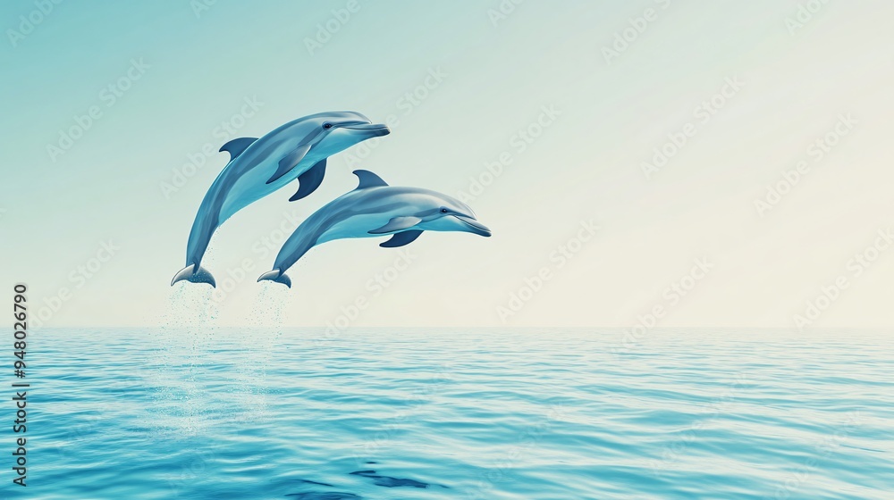A pair of dolphins jump out of the turquoise sea A pair of dolphins jump out of the turquoise sea