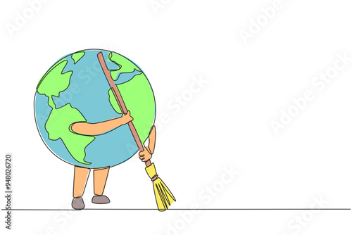 Single continuous line drawing globe sweeps up the scattered rubbish with a broomstick. Keeping the surrounding environment clean is a shared responsibility. Save. One line design vector illustration