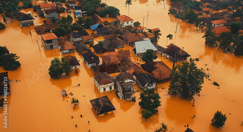 Aerial View of an Indonesian Village Submerged Under Floodwater, Capturing the Devastating Impact of Natural Disasters and Climate Change, with Inundated Homes, Roads, and Farmlands Highlighting Vulne photo