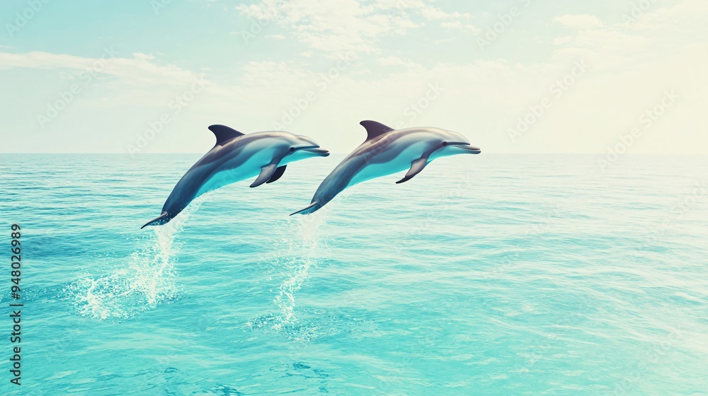 Fototapeta premium A pair of dolphins jump out of the turquoise sea