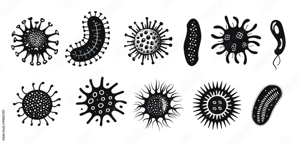 Set of various bacteria and virus icons, detailed vector illustration ...
