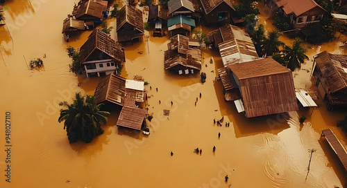 Aerial View of an Indonesian Village Submerged Under Floodwater, Capturing the Devastating Impact of Natural Disasters and Climate Change, with Inundated Homes, Roads, and Farmlands Highlighting Vulne photo