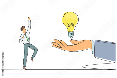 Single one line drawing the businessman is excited to get a lightbulb from a giant hand. Sharing is caring. Getting the best innovation for the business. Continuous line design graphic illustration