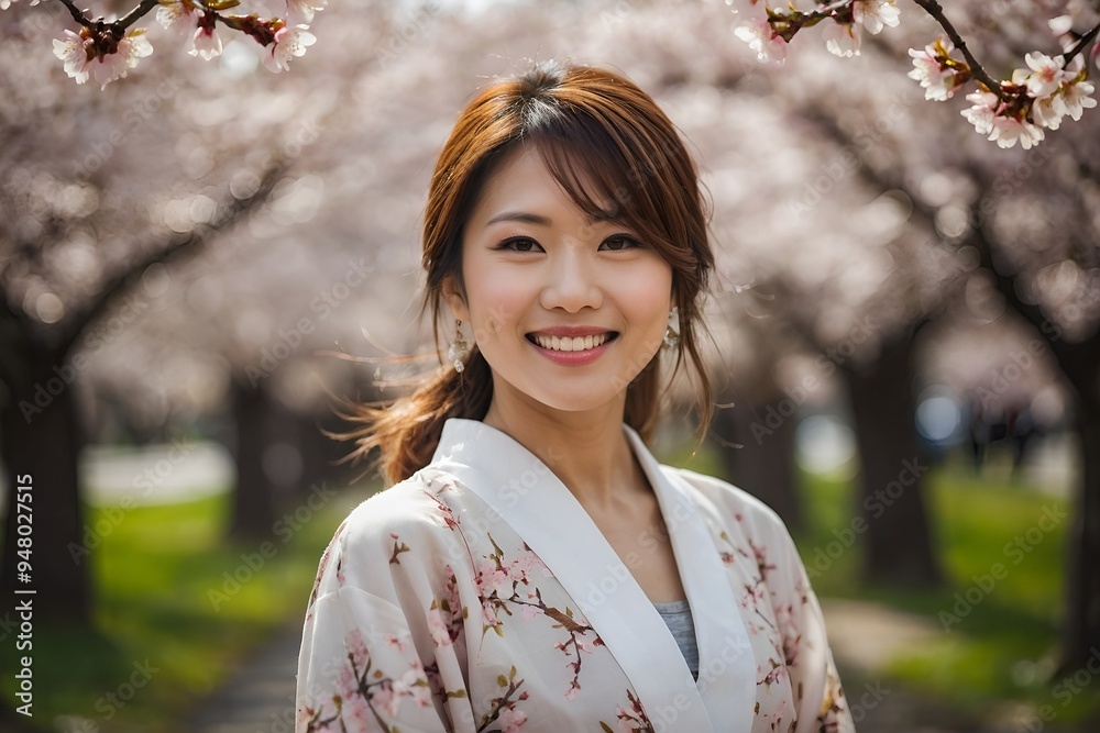Joyful Japanese Woman in Traditional Dress with Cherry Blossoms in Spring