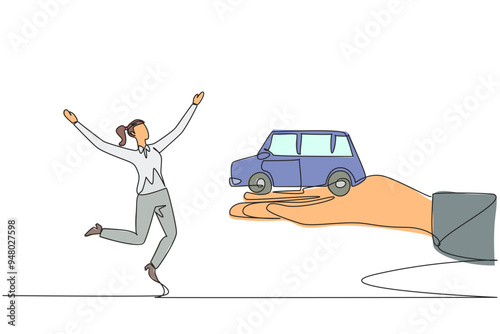 Single continuous line drawing businesswoman excited to get miniature car from giant hand. Electric vehicle prototype. Does not pollute environment. Save energy. One line design vector illustration