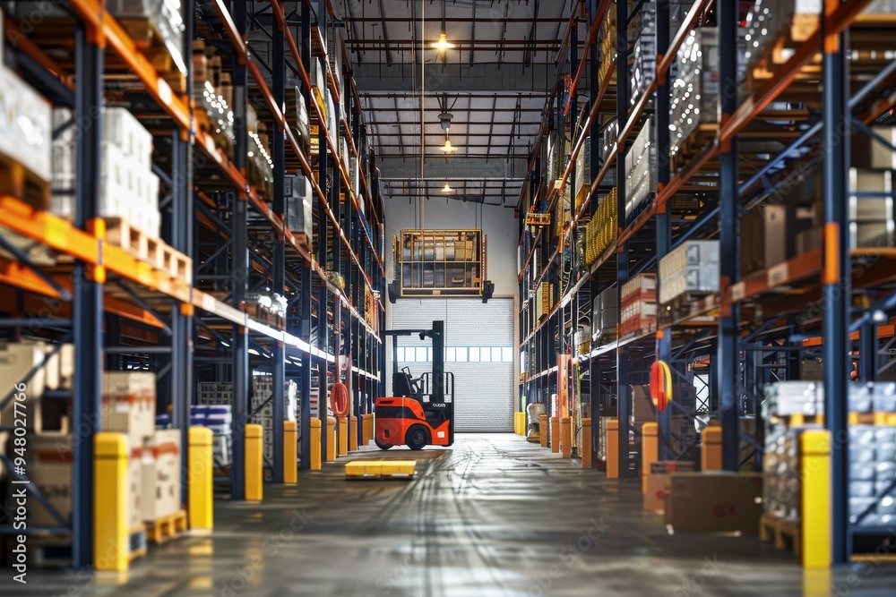 Empty distribution warehouse Empty distribution warehouse with a forklift in the hall and packages on shelves Empty distribution warehouse Empty distribution warehouse with a forklift in the hall and packages on shelves