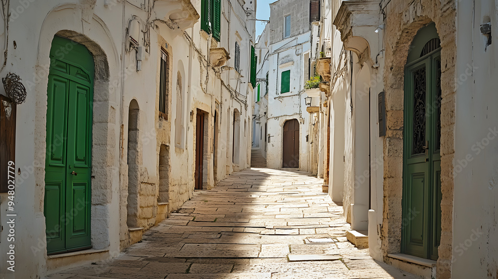 Charming narrow alley with old buildings in ostuni, puglia, italy, showcasing traditional architecture and green doors on a sunny day. Charming narrow alley with old buildings in ostuni, puglia, italy, showcasing traditional architecture and green doors on a sunny day.
