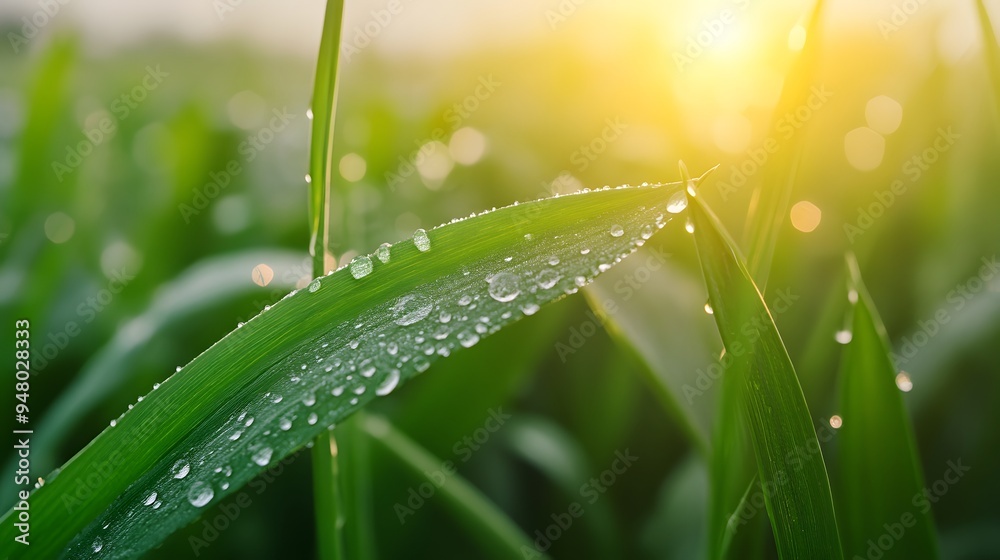 Naklejka premium A leaf is covered in raindrops, and the sun is shining through the leaves