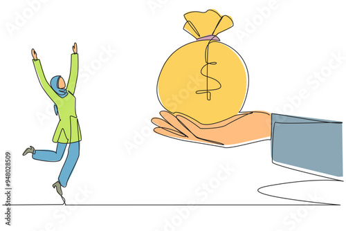 Single continuous line drawing Arabian businesswoman was excited to get the money bag from giant hand. Very big success. Make rewards an encouragement. Brilliant. One line design vector illustration