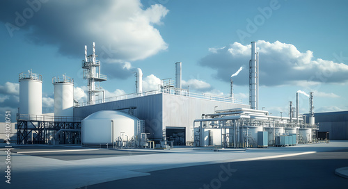 A Modern Gas Production Plant with Several Storage Tanks, Featuring Advanced Industrial Equipment and Infrastructure, Highlighting the Efficiency and Complexity of Contemporary Gas Processing Faciliti photo