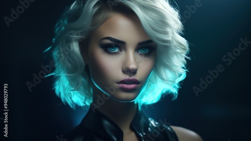 Beautiful blonde woman in a layered outfit, Volumetric lighting in dark black and cyan style with shinyglossy touch background, ai generated photo