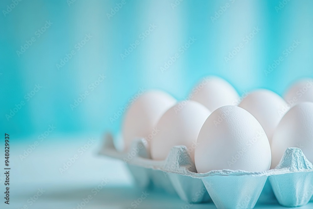 Fresh white eggs in carton on blue background Fresh white eggs in carton on blue background