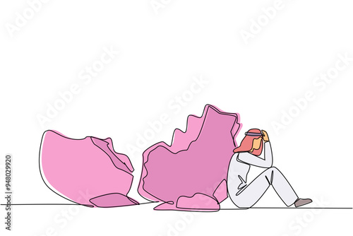 Continuous one line drawing Arabian businessman sit slump next to a large, destroyed big piggy bank. Lament the fate. No capital at all. No savings left. Single line draw design vector illustration