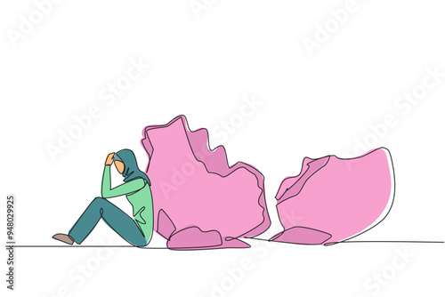 Single one line drawing Arab businesswoman sit slump next to a large, destroyed big piggy bank. Financial problem. Too much debt. Bankrupt. Failed business. Continuous line design graphic illustration