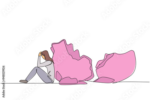 Continuous one line drawing businesswoman sit slump next to a large, destroyed the big piggy bank. Debt. Unable to pay in installments. Bad financial plan. Single line draw design vector illustration