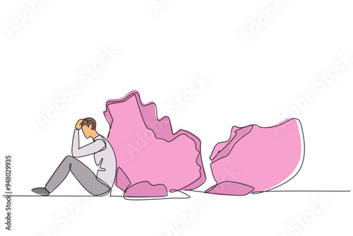 Single one line drawing businessman sit slump next to a large, destroyed piggy bank. Helpless. Not having a good financial plan. Financial problem. Mistake. Continuous line design graphic illustration