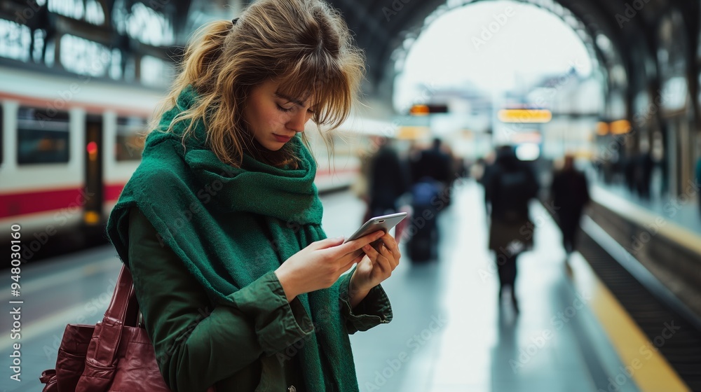 A young woman checking her phone while waiting for a train at a bustling urban railway station during daylight hours A young woman checking her phone while waiting for a train at a bustling urban railway station during daylight hours