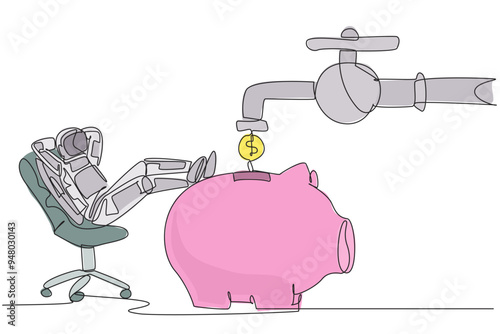 Continuous one line drawing astronaut sit relax on chair to see money faucet flow into savings piggy bank. Donations continue to flow. Cosmonaut deep space. Single line draw design vector illustration