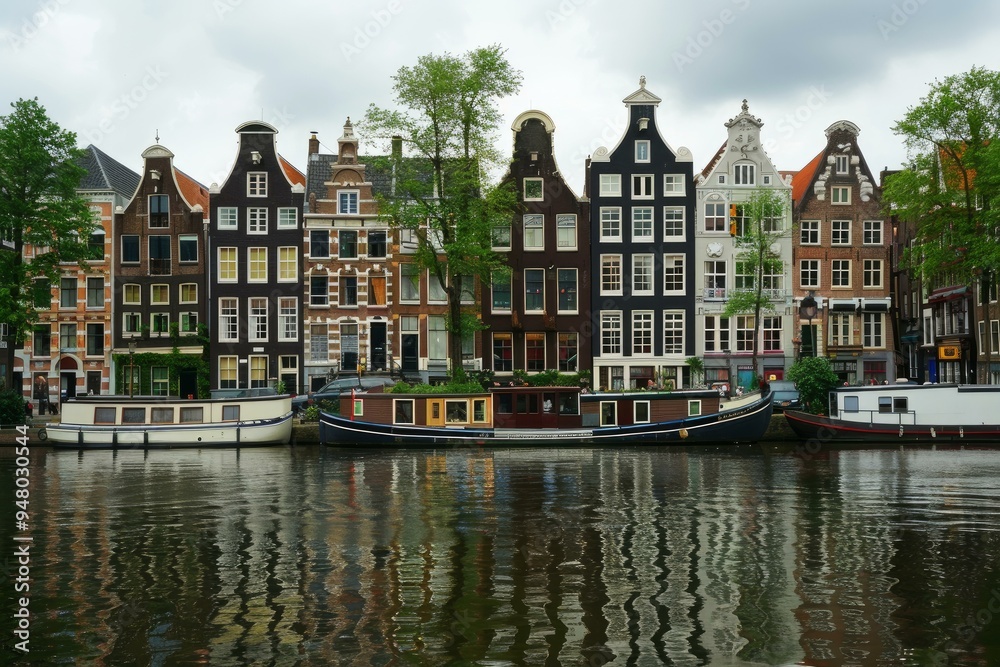 Traditional dutch houses reflecting in the canal on a cloudy day in amsterdam, netherlands