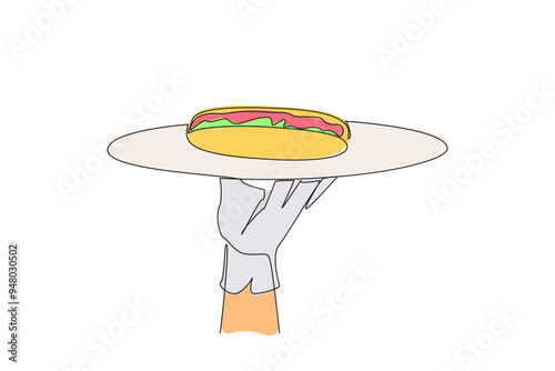 Single continuous line drawing the waiter holds food tray serving hot dog. Dish consisting of a grilled, steamed, or boiled sausage. American fast food. Junk food. One line design vector illustration