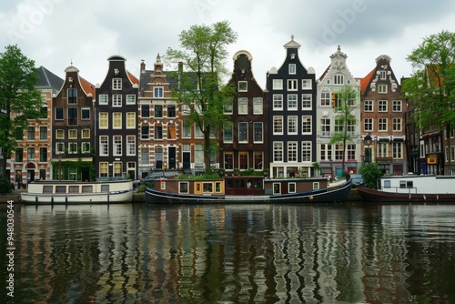 Traditional dutch houses reflecting in the canal on a cloudy day in amsterdam, netherlands
