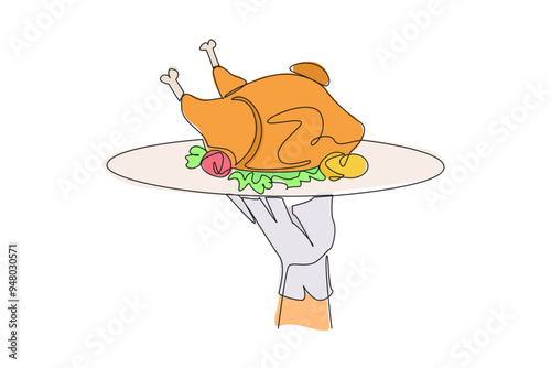 Single one line drawing the waiter holds food tray serving roast chicken. Foods that can be consumed while on a diet. Chicken with whole pieces. Delicious. Continuous line design graphic illustration