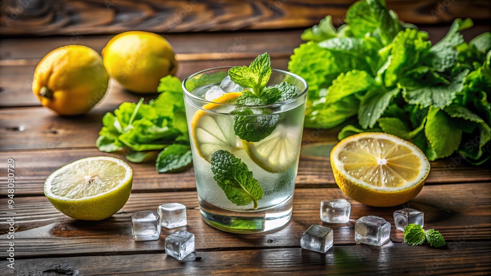 Fototapeta premium Fresh green lettuce leaves surround a refreshing glass of clear iced drink with a slice of lemon, garnished with mint, on a wooden table background.