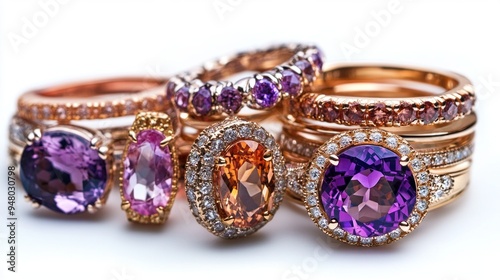 A collection of rings with a purple stone in the middle